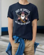 Out Of Spells But Not Out Of Shells Funny Wizard Gun Meme T Shirt - model wearing navy tee with hands in pockets