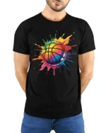 Color Splash Basketball T Shirt Vibrant Street Art Hoops Graphic - model wearing black tee with hands behind back