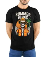 Summer Vibes Skeleton T Shirt Funny Tropical Skull Beach Graphic - model wearing black tee with hands behind back