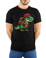 Cute Backpack Dinosaur T Shirt Funny T Rex Adventure Cartoon Graphic - model wearing black tee with hands behind back