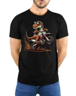 Funny T Rex Dirt Bike Rider T Shirt Cool Motocross Dinosaur Graphic - model wearing black tee with hands behind back