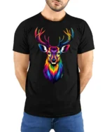 Colorful Rainbow Deer Head T Shirt Vibrant Stag Art Graphic Design - model wearing black tee with hands behind back