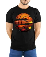 Torn Basketball Explosion T Shirt Fiery Slam Dunk Sports Graphic - model wearing black tee with hands behind back
