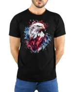 Patriotic Bald Eagle T Shirt American Flag Splash Art Graphic - model wearing black tee with hands behind back