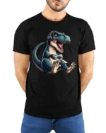 Funny Gamer T Rex Dinosaur T Shirt Gaming Headset Controller Graphic - model wearing black tee with hands behind back