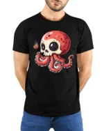 Cute Skull Octopus T Shirt Whimsical Ocean Creature Cartoon Graphic - model wearing black tee with hands behind back
