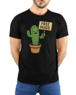 Funny Cactus Free Hugs T Shirt Cute Prickly Plant Humor Graphic - model wearing black tee with hands behind back