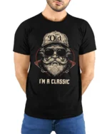 Im Not Old Im A Classic T Shirt Funny Vintage Bearded Man Graphic - model wearing black tee with hands behind back