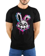 Graffiti Bunny Skull Eyes T Shirt Urban Street Art Rabbit Graphic - model wearing black tee with hands behind back