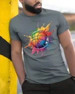 Color Splash Basketball T Shirt Vibrant Street Art Hoops Graphic - model wearing grey tee, leaning on column