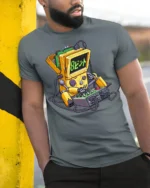 Retro Beep Robot Gamer T Shirt Funny Vintage Arcade Robot Graphic - model wearing grey tee, leaning on column