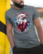 Patriotic Bald Eagle T Shirt American Flag Splash Art Graphic - model wearing grey tee, leaning on column