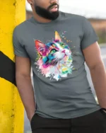 Colorful Artistic Cat Face T Shirt Vibrant Paint Splash Kitty Graphic - model wearing grey tee, leaning on column