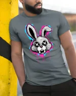 Graffiti Bunny Skull Eyes T Shirt Urban Street Art Rabbit Graphic - model wearing grey tee, leaning on column
