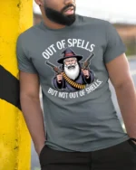 Out Of Spells But Not Out Of Shells Funny Wizard Gun Meme T Shirt - model wearing grey tee, leaning on column