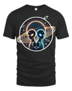 Cosmic Alien Encounter Graphic T Shirt Galactic Space Art - black t-shirt on white background