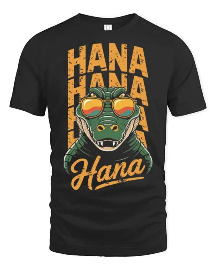 Funny Crocodile Hana Hana Hawaii Vacation Graphic T Shirt - black t-shirt on white background