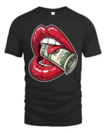 Money Hungry Lips Cash Roll Graphic T Shirt Bold Street Art - black t-shirt on white background