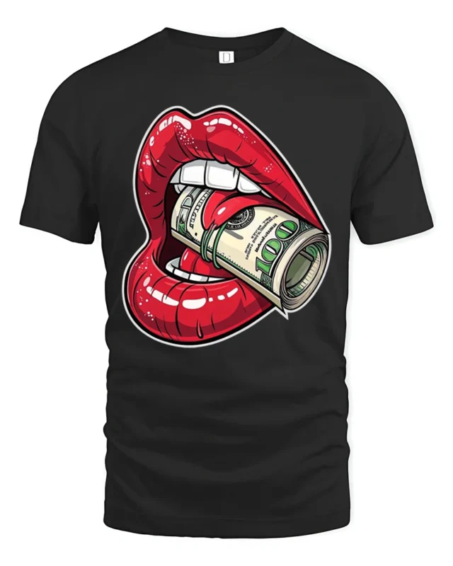 Money Hungry Lips Cash Roll Graphic T Shirt Bold Street Art - black t-shirt on white background