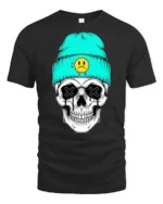 Cool Skull With Beanie Sad Face Graphic T Shirt Street Style - black t-shirt on white background