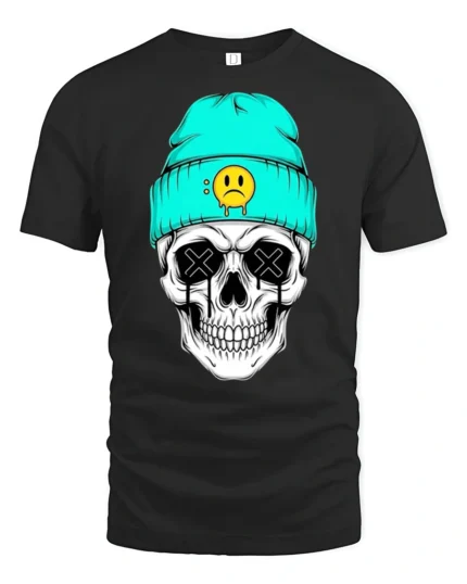 Cool Skull With Beanie Sad Face Graphic T Shirt Street Style - black t-shirt on white background