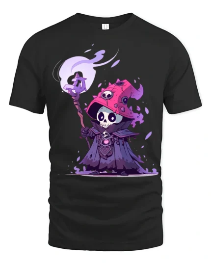 Cute Dark Wizard Skeleton Mage Fantasy Graphic T Shirt - black t-shirt on white background