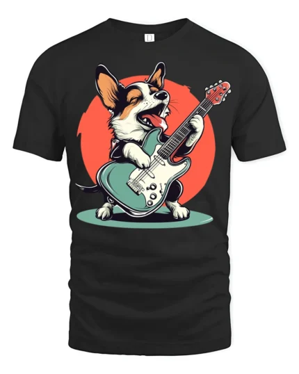 Funny Rock Star Corgi Playing Guitar Graphic T Shirt - black t-shirt on white background