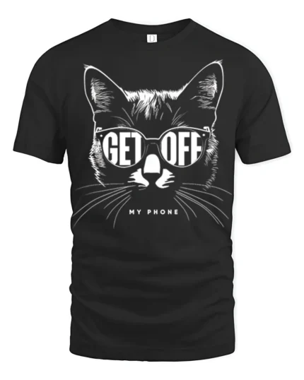 Funny Cat Get Off My Phone Graphic T Shirt Cool Cat Humor - black t-shirt on white background
