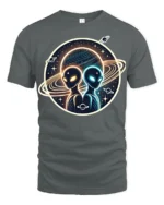 Cosmic Alien Encounter Graphic T Shirt Galactic Space Art - gray t-shirt on white background
