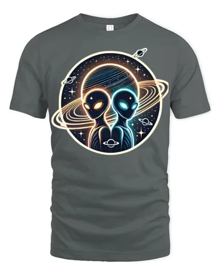 Cosmic Alien Encounter Graphic T Shirt Galactic Space Art - gray t-shirt on white background
