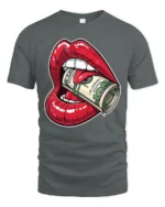 Money Hungry Lips Cash Roll Graphic T Shirt Bold Street Art - gray t-shirt on white background