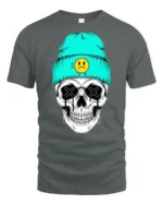 Cool Skull With Beanie Sad Face Graphic T Shirt Street Style - gray t-shirt on white background