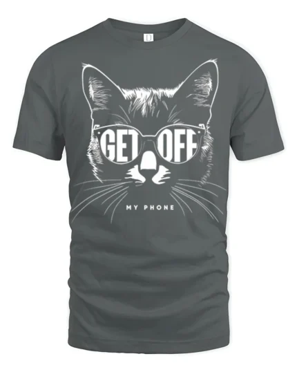 Funny Cat Get Off My Phone Graphic T Shirt Cool Cat Humor - gray t-shirt on white background