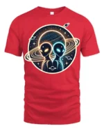 Cosmic Alien Encounter Graphic T Shirt Galactic Space Art - red t-shirt on white background