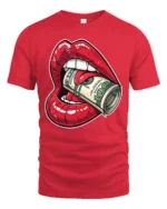 Money Hungry Lips Cash Roll Graphic T Shirt Bold Street Art - red t-shirt on white background