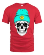 Cool Skull With Beanie Sad Face Graphic T Shirt Street Style - red t-shirt on white background