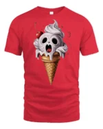 Creepy Skull Ice Cream Cone Funny Halloween Graphic T Shirt - red t-shirt on white background