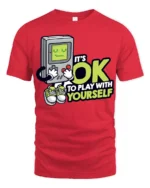 Funny Retro Gamer Its OK To Play With Yourself T Shirt - red t-shirt on white background