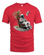Funny Relaxing Astronaut On The Moon Vacation Graphic T Shirt - red t-shirt on white background
