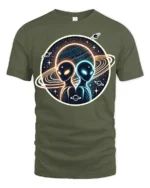 Cosmic Alien Encounter Graphic T Shirt Galactic Space Art - military green t-shirt on white background