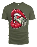 Money Hungry Lips Cash Roll Graphic T Shirt Bold Street Art - military green t-shirt on white background