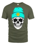Cool Skull With Beanie Sad Face Graphic T Shirt Street Style - military green t-shirt on white background