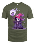 Cute Dark Wizard Skeleton Mage Fantasy Graphic T Shirt - military green t-shirt on white background