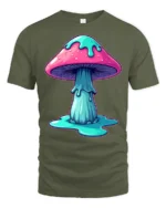 Trippy Melting Mushroom Psychedelic Graphic T Shirt Neon Art - military green t-shirt on white background