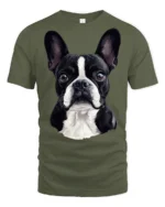 Cute Boston Terrier Dog Lover Portrait Graphic T Shirt Style - military green t-shirt on white background