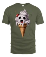 Creepy Skull Ice Cream Cone Funny Halloween Graphic T Shirt - military green t-shirt on white background