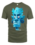 Blue Tribal Tiki Mask Graphic T Shirt Retro Island Art - military green t-shirt on white background