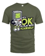 Funny Retro Gamer Its OK To Play With Yourself T Shirt - military green t-shirt on white background