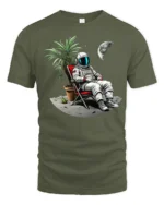 Funny Relaxing Astronaut On The Moon Vacation Graphic T Shirt - military green t-shirt on white background