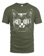 Funny Cat Get Off My Phone Graphic T Shirt Cool Cat Humor - military green t-shirt on white background